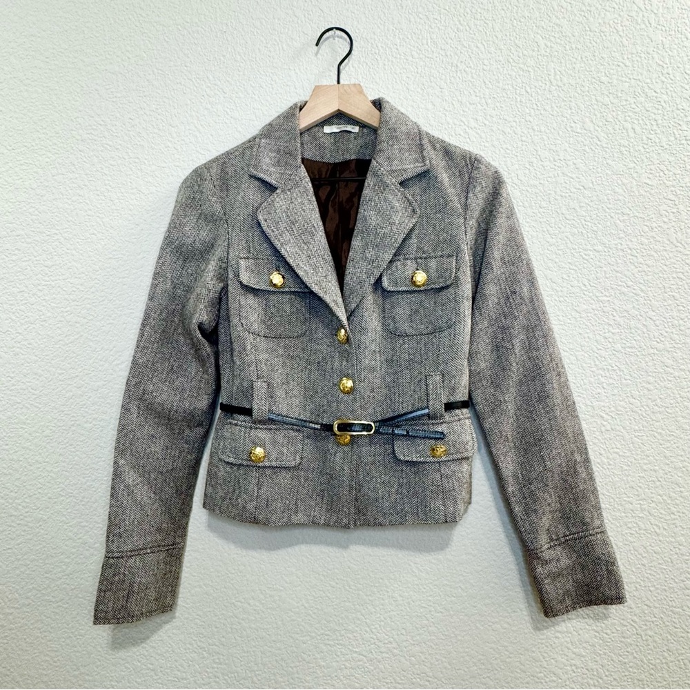 Chic Herringbone Wool Blend Cropped Blazer Jacket w/ Belt & Gold Buttons Size M